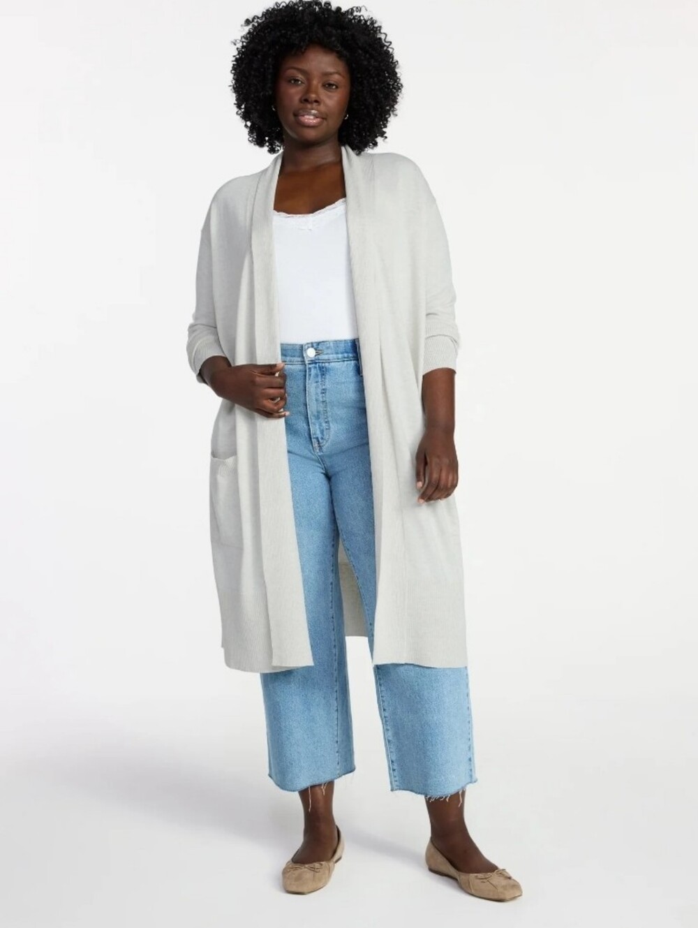 Light Gray Long Open Front Cardigan